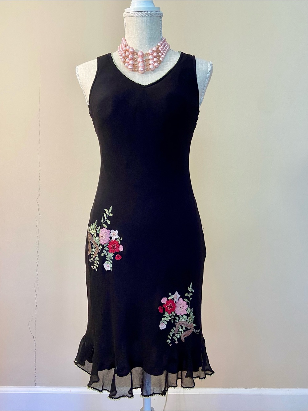 90s Silk Little Black Dress Pink & Red Embroidered Floral Detail Robbie Bee
